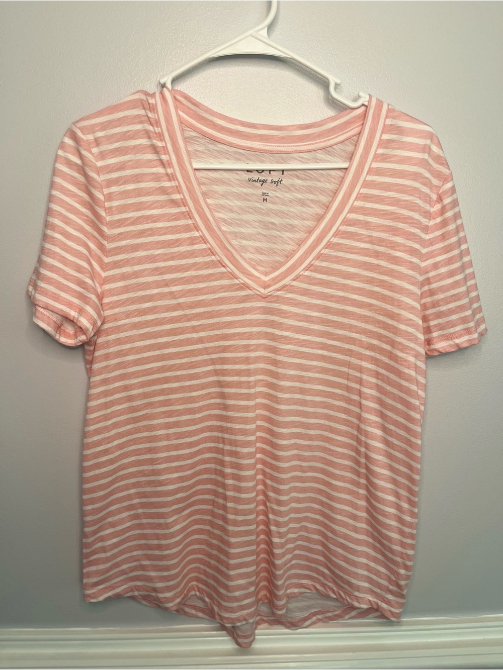 LOFT Pink and White Striped V-Neck Short Sleeve Tee